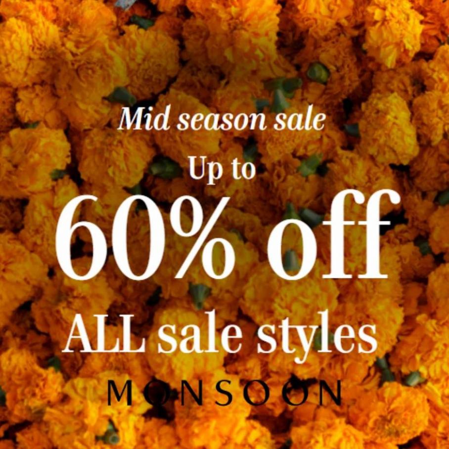 Mid season sale Up to 60% off. Monsoon (2022-03-31-2022-03-31)