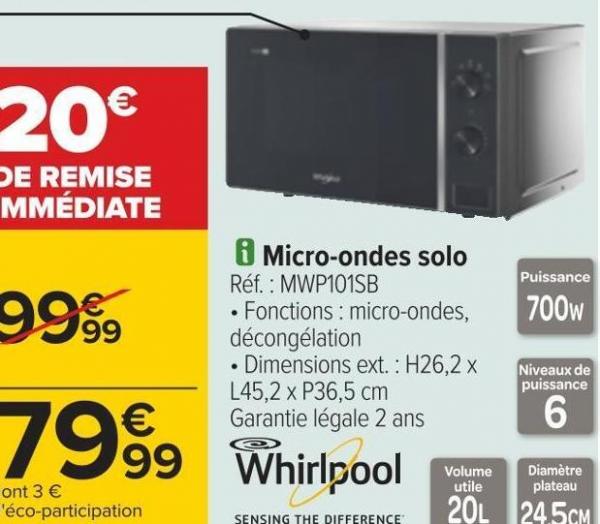 Whirlpool microondes solo, Carrefour Juillet 2022