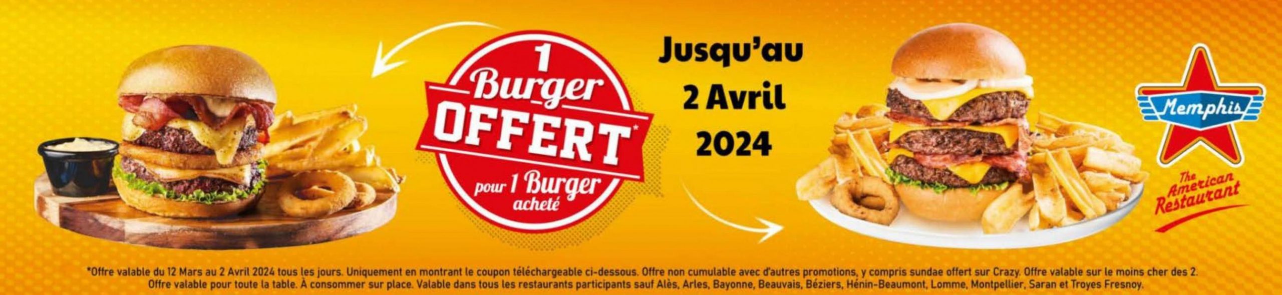 1 Burger Offert Pour 1 Burger Acheté. Memphis Coffee (2024-04-02-2024-04-02)